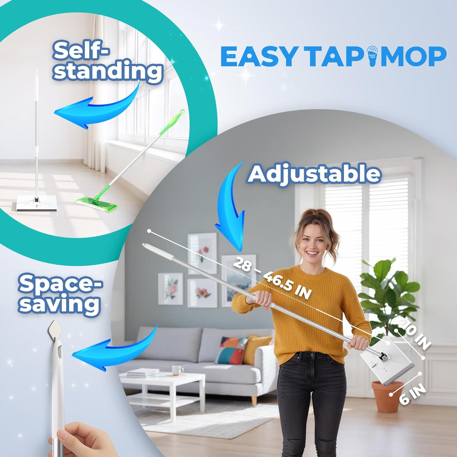 Easy Tap Mop – Hands-Free Floor Mop with 360° Swivel Head, Universal Pad Compatibility & Starter Kit | Korea's #1 Bestseller